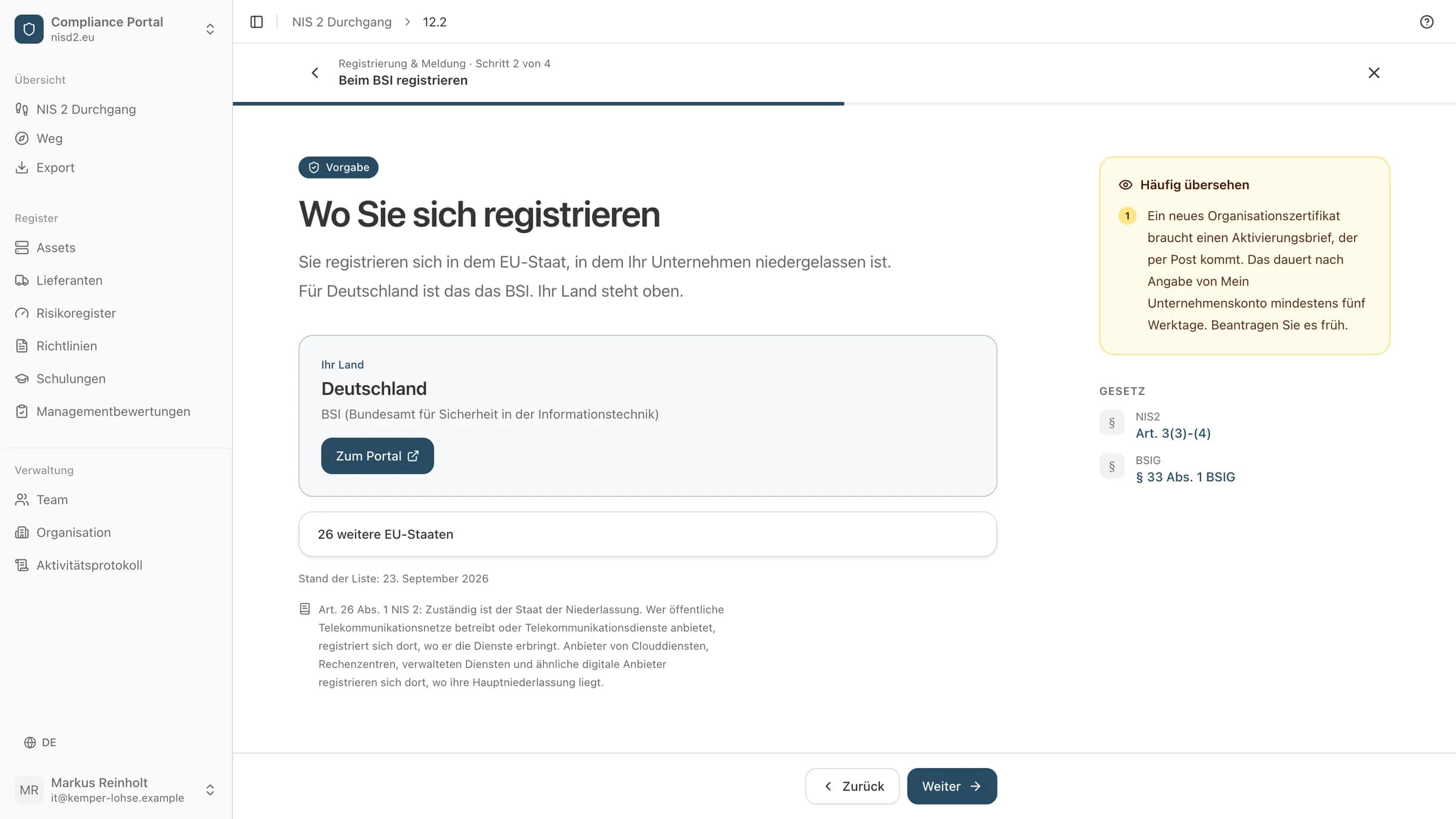 Der Schritt Registrierung im Durchgang: das Land und seine Behörde