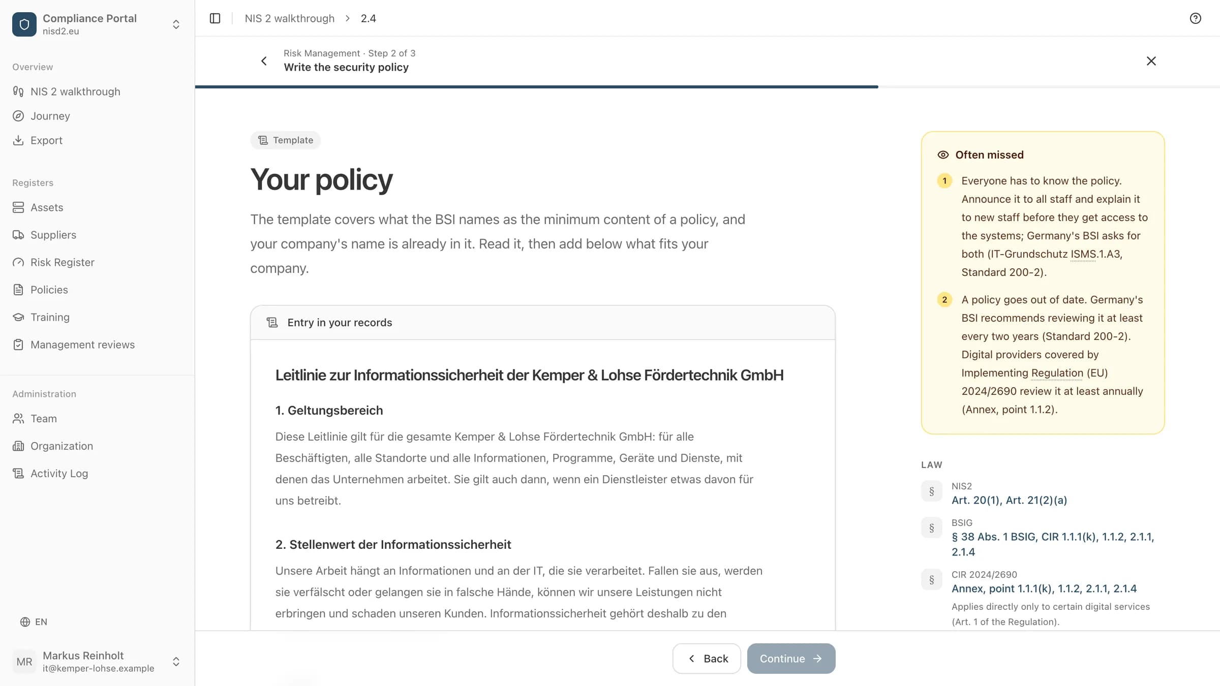 The security policy step in the walkthrough: the written policy