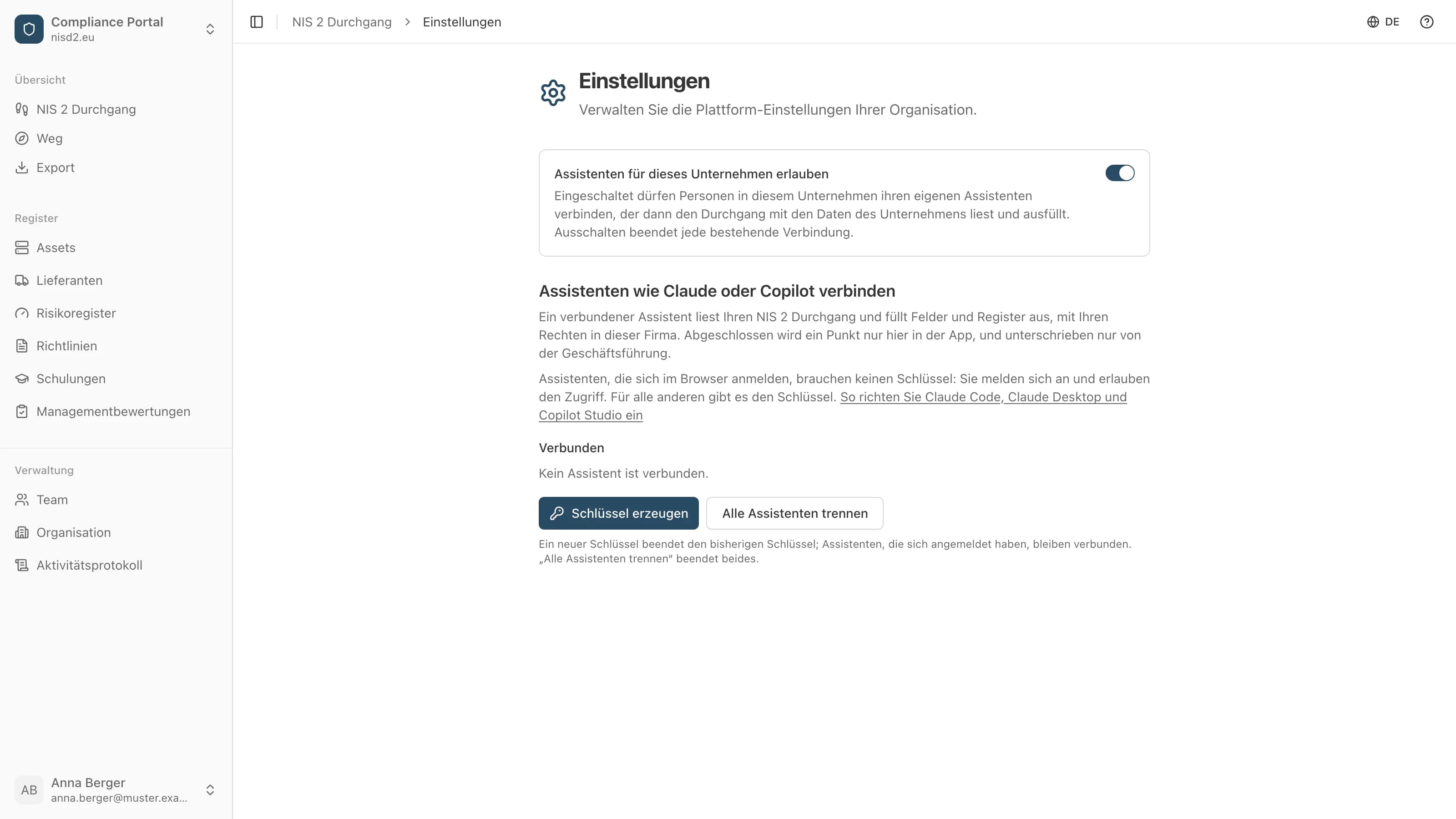 Einstellungen von nisd2.eu mit dem eingeschalteten Schalter „Assistenten für dieses Unternehmen erlauben“ und darunter der Karte „Assistenten wie Claude oder Copilot verbinden“ mit dem Knopf „Schlüssel erzeugen“