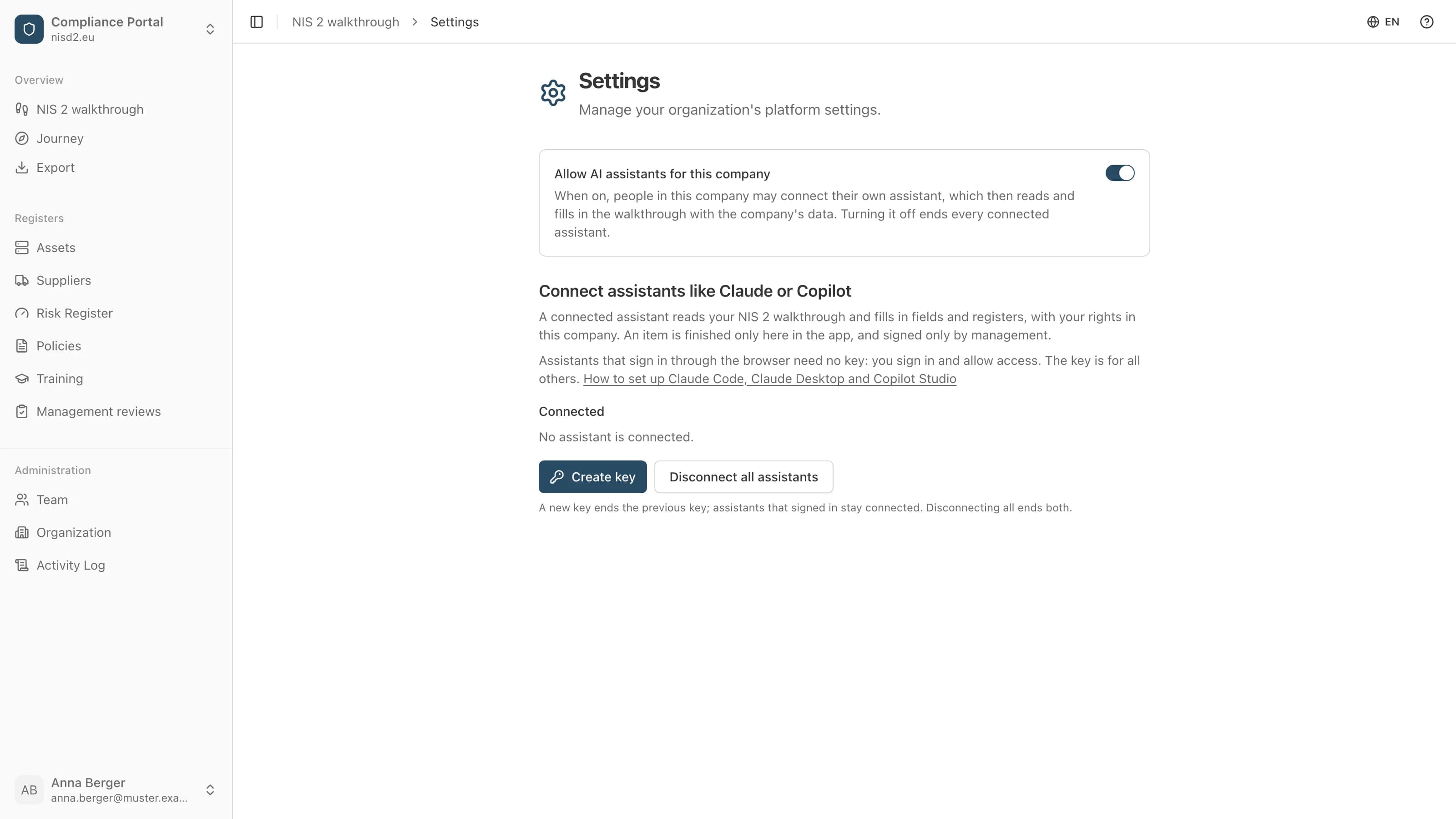 Settings in nisd2.eu with the switch "Allow AI assistants for this company" turned on, and below it the card "Connect assistants like Claude or Copilot" with the button "Create key"