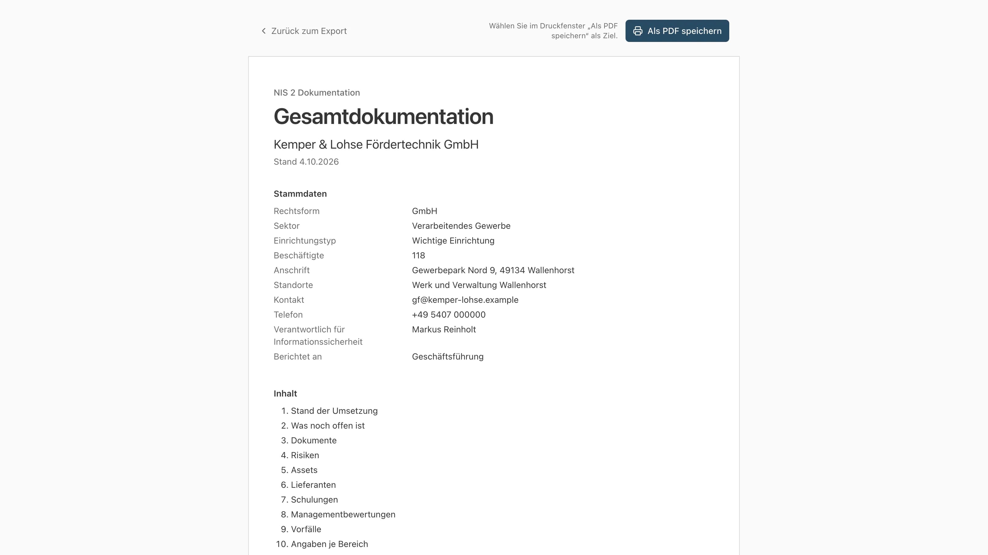 Die Gesamtdokumentation eines Beispielunternehmens