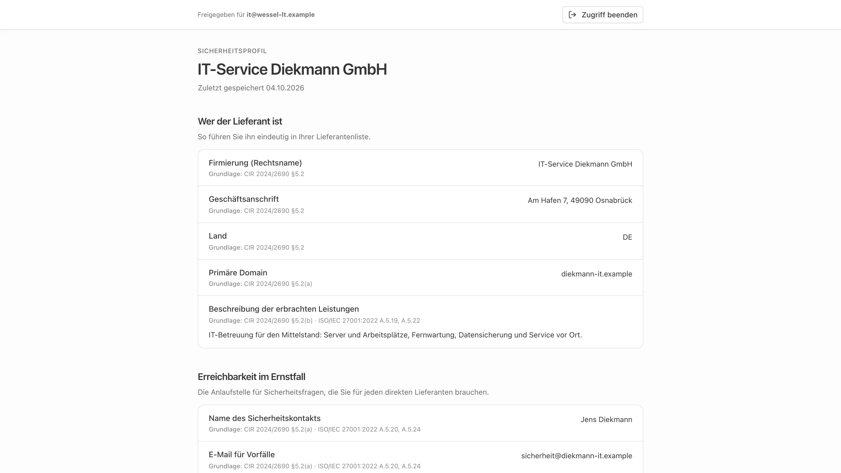 Was ein eingeladener Kunde über seinen Link sieht: das Sicherheitsprofil des Lieferanten