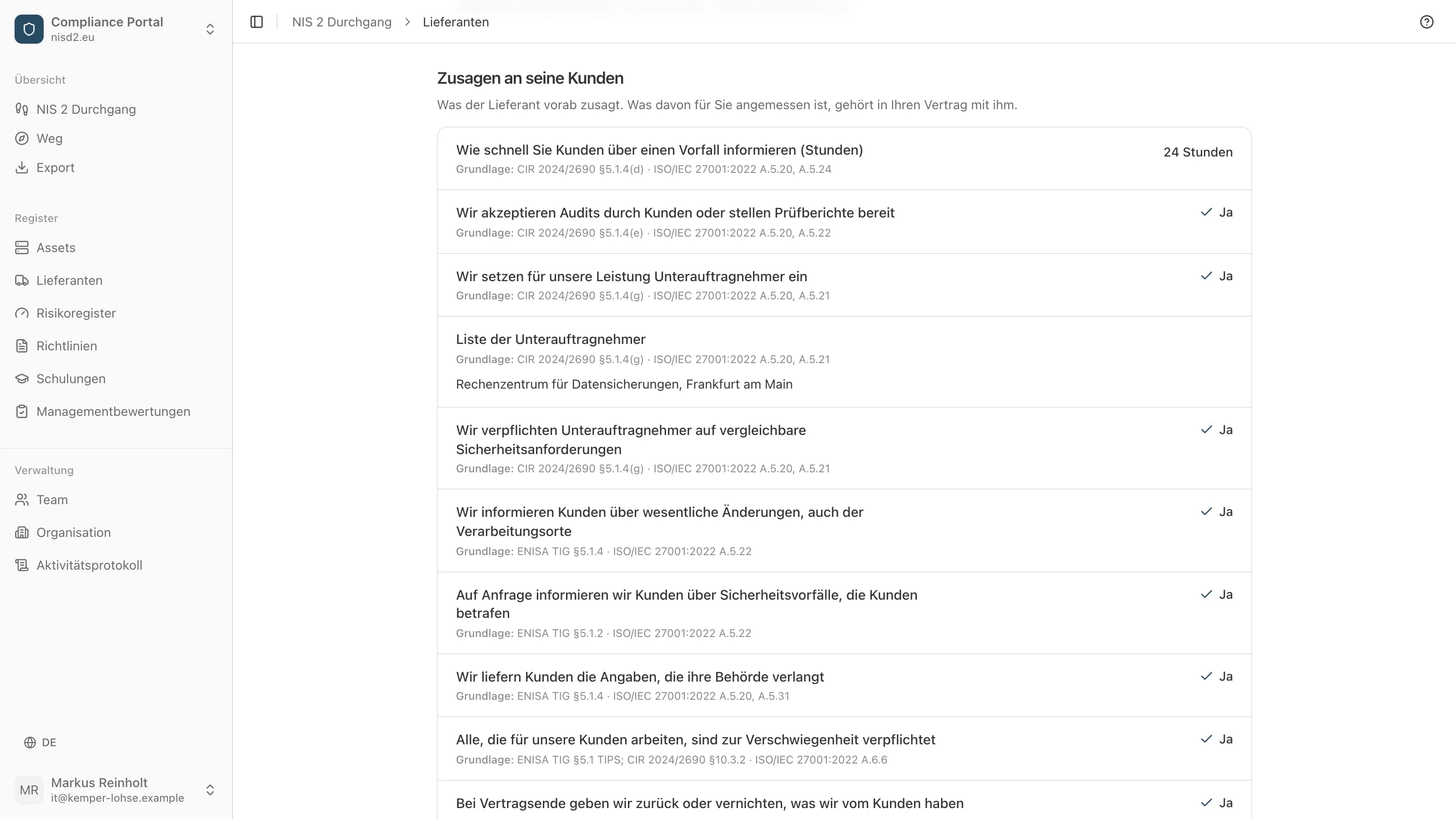 Die Zusagen des Lieferanten, wie ein Kunde sie in seinem Lieferantenregister liest